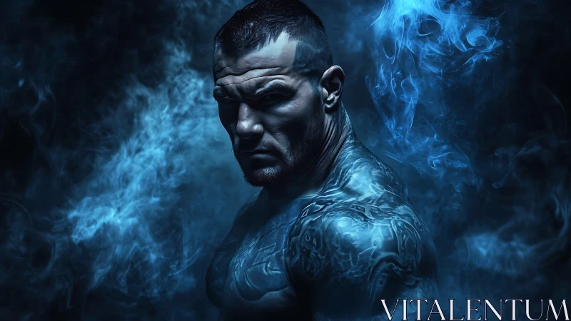 Cinematic blue-lit portrait of tattooed fighter in smoke.