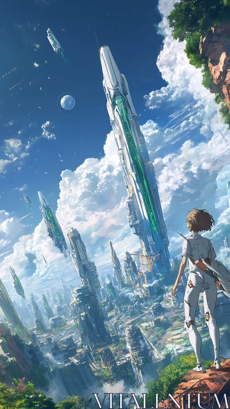 Skyward megacity vista with lone explorer on cliffside.