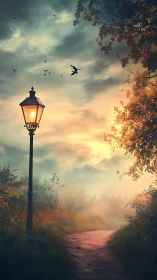Misty forest path under glowing lamppost at sunrise.