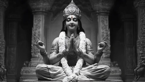 Monochrome Hindu deity statue in serene lotus meditation.