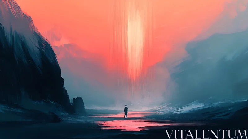 Lone figure before vertical portal in foggy coastal ravine