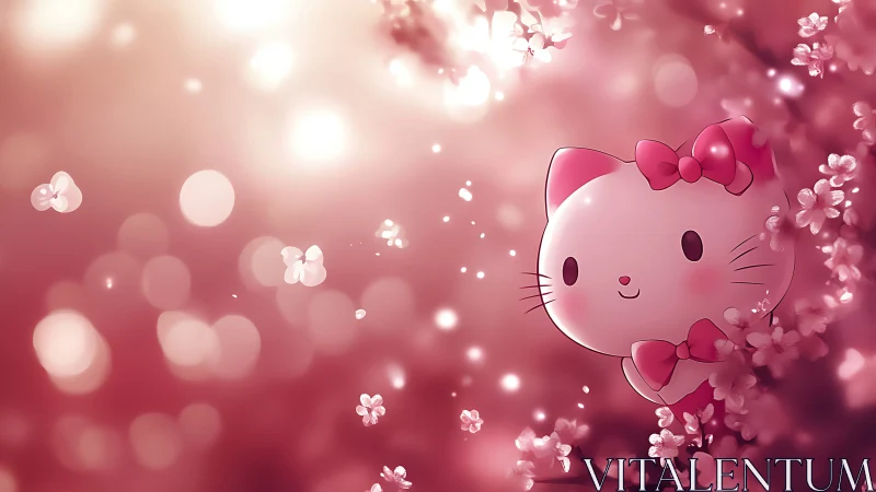 Sweet pink kitten smiles softly among dreamy cherry blossoms