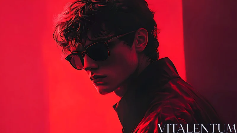 Man in sunglasses turns in harsh red directional lighting