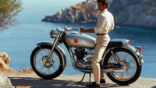 Man with vintage motorcycle beside coastal cliffside water.