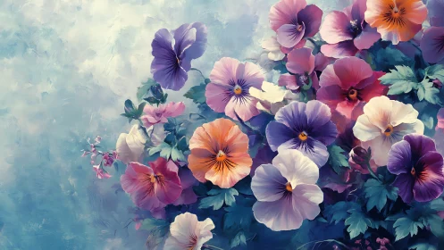 Sky-kissed pansies drifting in a watercolor daydream.
