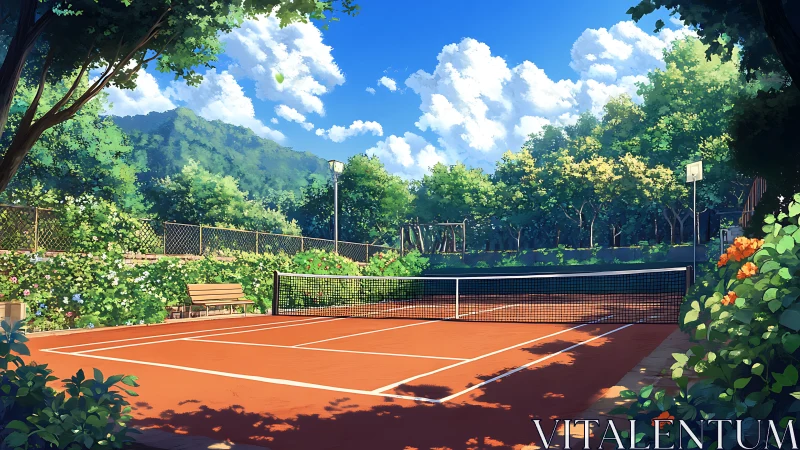 Sunlit tennis court rests amid lush summer mountainside.