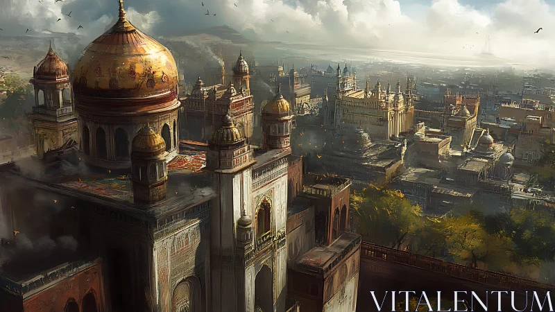 Golden domed palace above dense historic fantasy city.