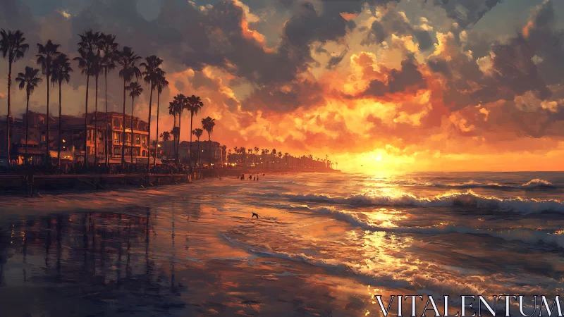 Sunlit beach sunset with glowing waves and quiet palms.