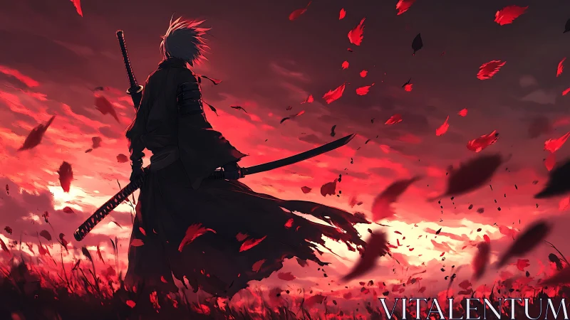 Solitary swordsman stands in red lit field with blowing leaves