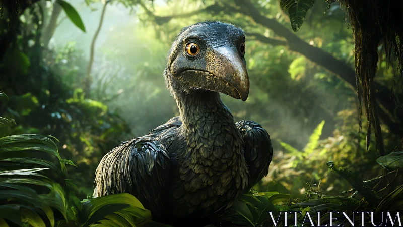 Realistic prehistoric bird in lush jungle, digital art rendering.