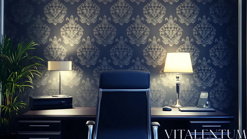 Elegant executive desk glows softly against patterned wall