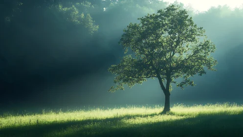 Lone Tree in Morning Sunlight on Misty Meadow, Nature Photography.