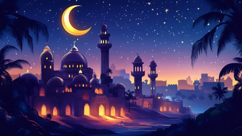 Moonlit desert citadel dreaming beneath a jeweled sky.