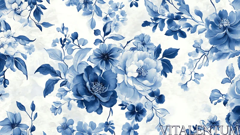 Blue Watercolor Floral Pattern on Cream Background.