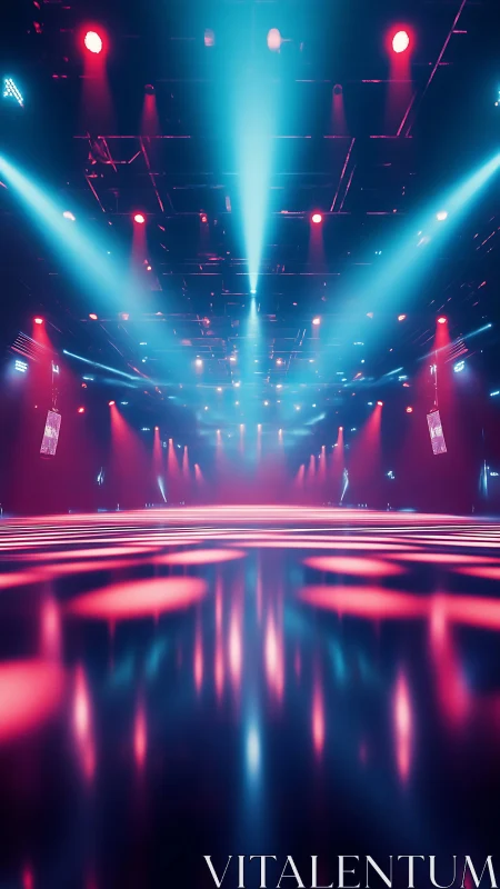 Neon stage with volumetric blue beams and magenta floor glow.