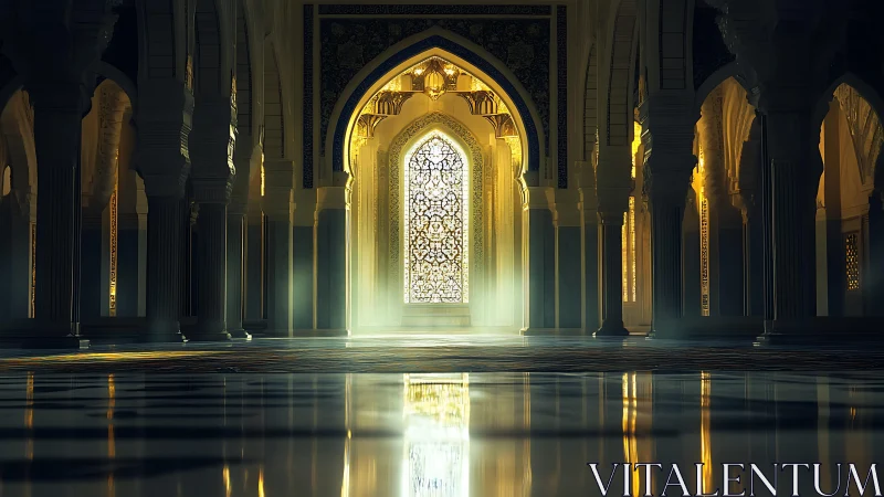 Golden prayer hall drenched in luminous sacred stillness.