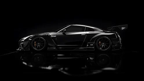Black sports coupe rendered in side profile on dark background