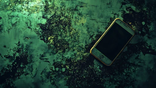 Smartphone on distressed green textured metal surface.