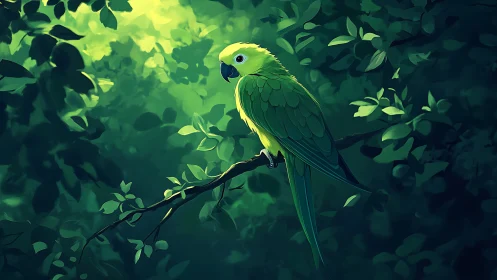 Vibrant green parrot perched in lush forest, digital art style.