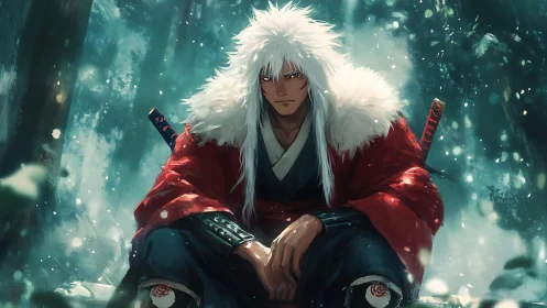 Stoic white haired warrior resting in a quiet winter forest.