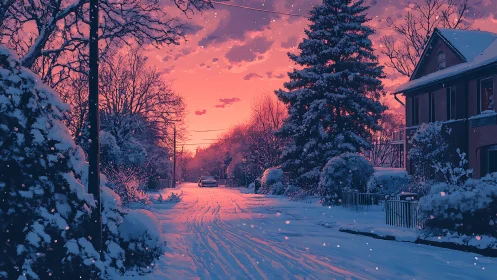 Snowy suburban street under vivid pink winter sunset.