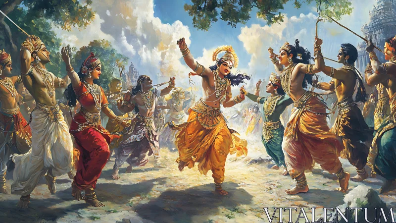 Divine dancers whirl through a mythic battlefield of light.