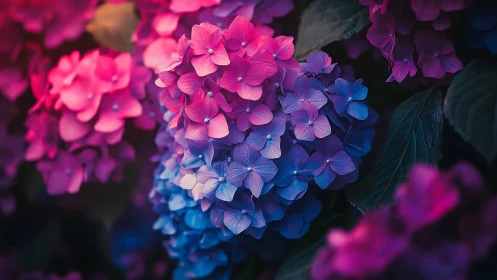 Hydrangea Blooms Captured in Neon Pink and Blue Chromatic Gradient