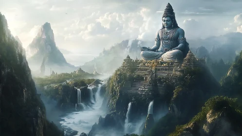 Colossal blue deity watches over misty waterfall kingdom.