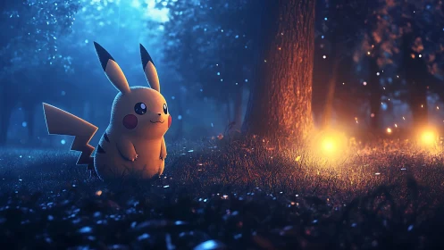 Bioluminescent forest scene with Pikachu under volumetric glow.