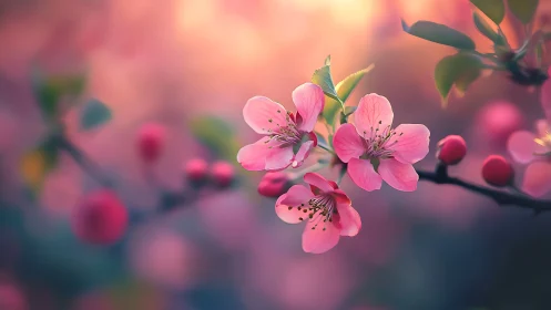 Pink Cherry Blossoms with Selective Focus on Branch Blooms.