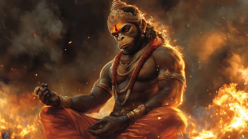 Monkey-headed humanoid deity sits in firelit meditation