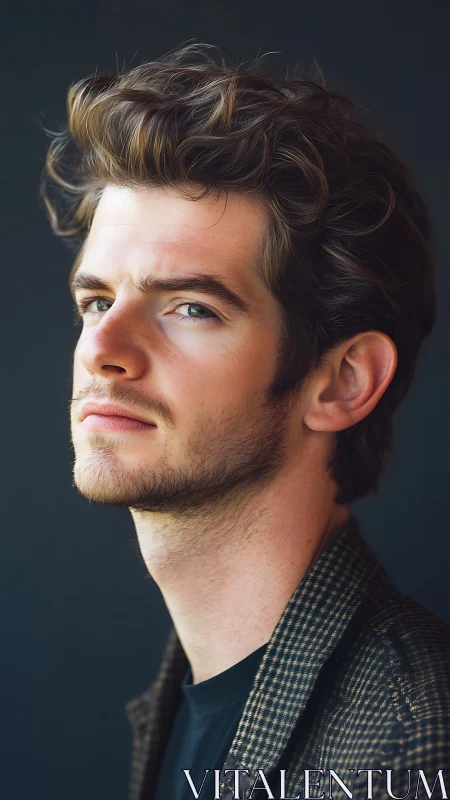 Pensive young man in soft studio side lighting portrait.