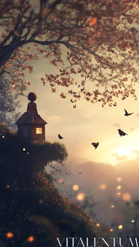 Child on rooftop under flowering tree at hazy sunset.