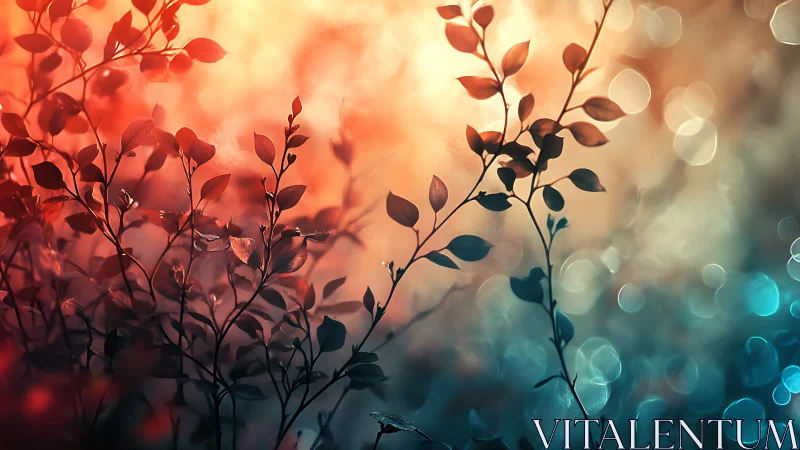 Silhouetted Leaves Against Vibrant Bokeh Background, Artistic Photo.