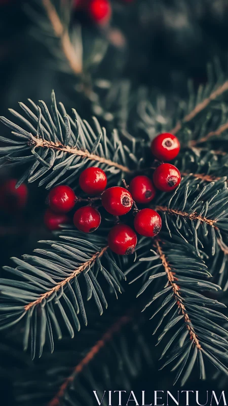 Red berries cluster rests on dark green evergreen needles