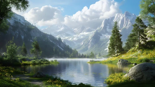 Morning serenity unfolds over a quiet alpine lake and peaks