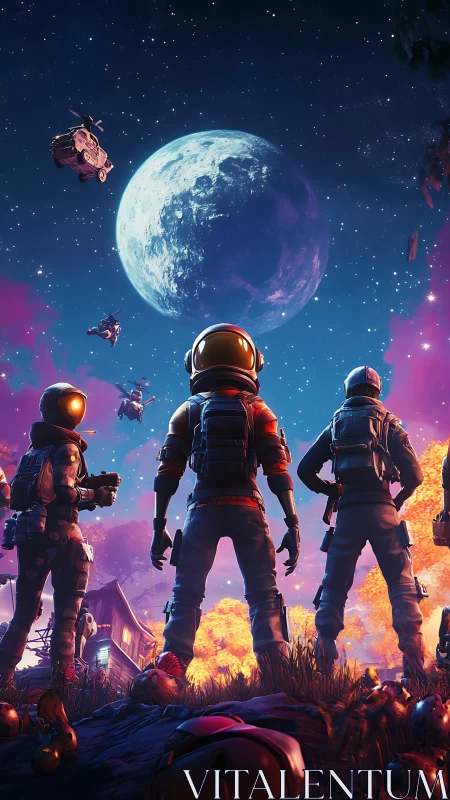 Astronaut strike team surveys moonlit battlefield horizon.