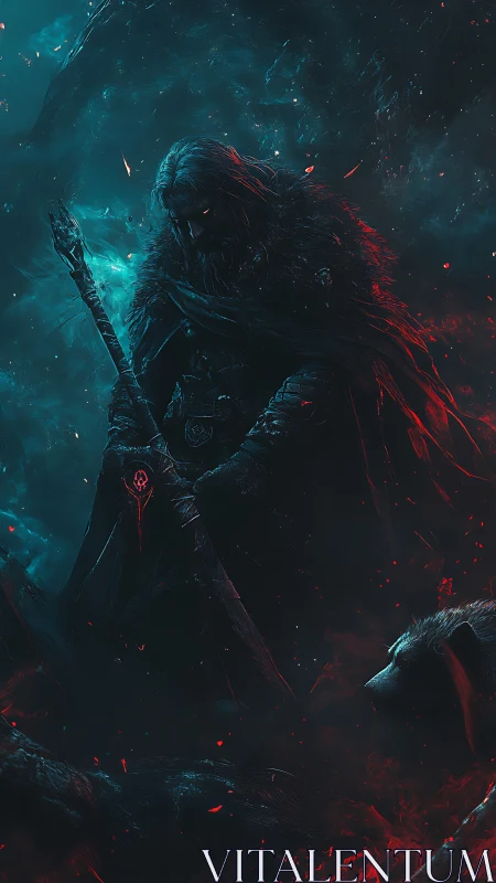 Dark frost mage with spectral wolf amid ember storm.