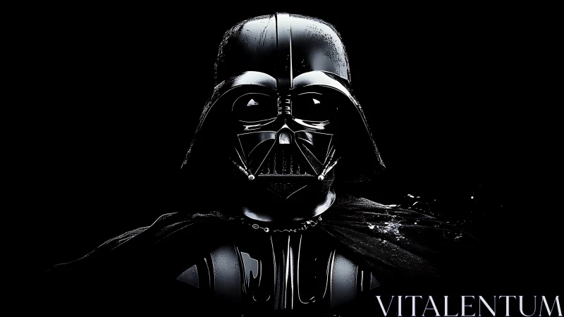 Helmeted sci fi villain portrait in stark black armor.