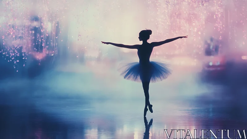 Silhouetted ballerina in misty stage environment at night.