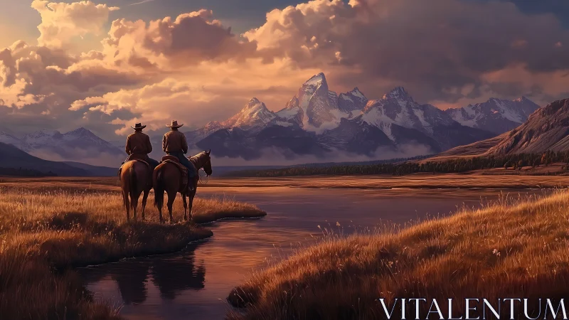 Two mounted riders observe distant snow peaks at sunset