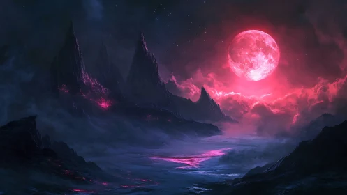 Crimson moon over jagged alien mountainscape at night.