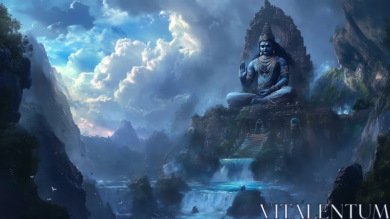 Large seated deity statue dominates misty mountainous valley