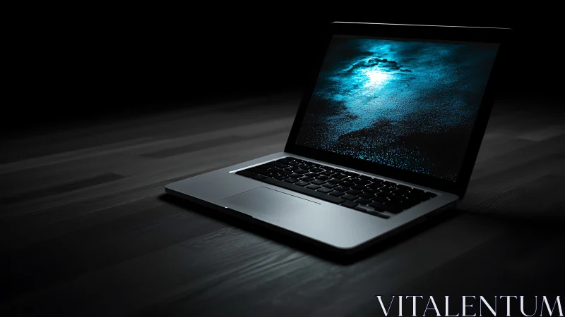 Open laptop glows on dark desk with blue textured screen
