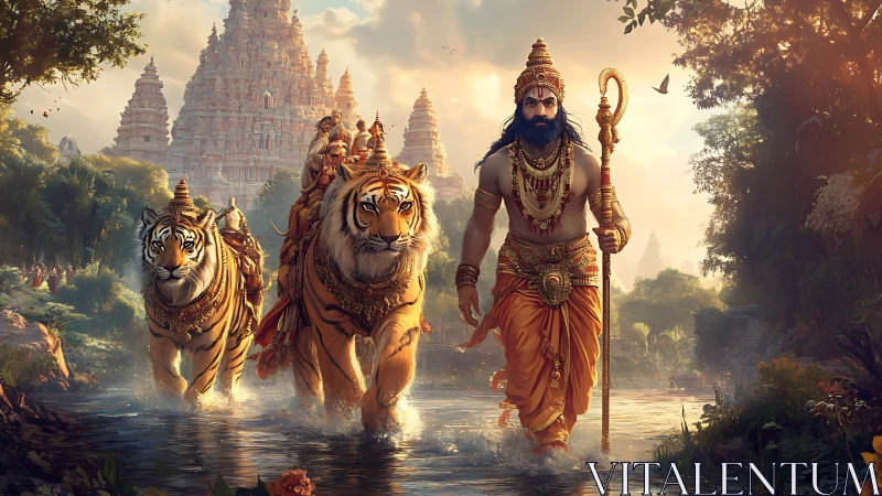 Mythic warrior leading tigers through radiant temple river.