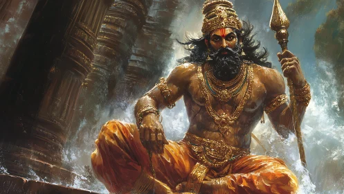 Seated warrior figure with spear amid water and pillars.