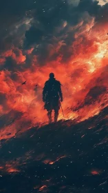 Silhouetted wanderer against infernal storm sky digital painting.