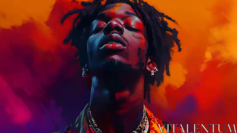 Vibrant digital portrait of man against fiery color clouds.