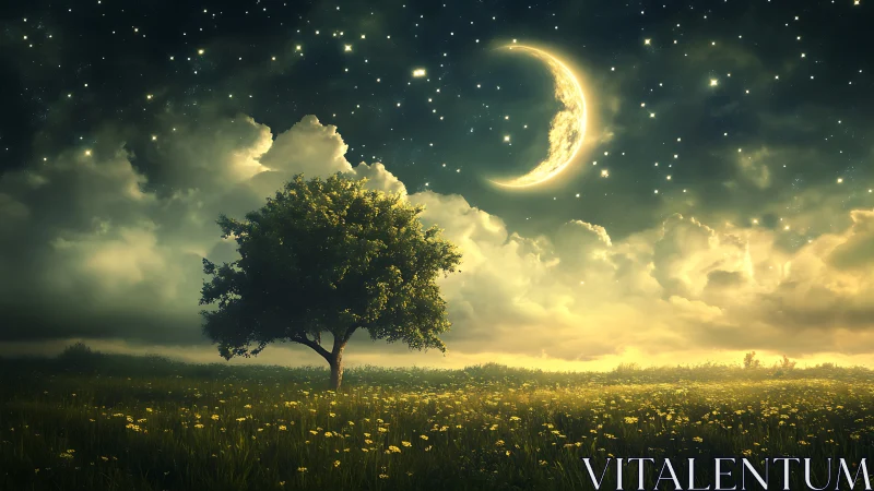 Luminous crescent moon over glowing meadow and lone tree.