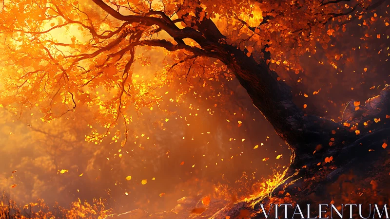 Autumn tree glows in blazing golden backlight at sunset